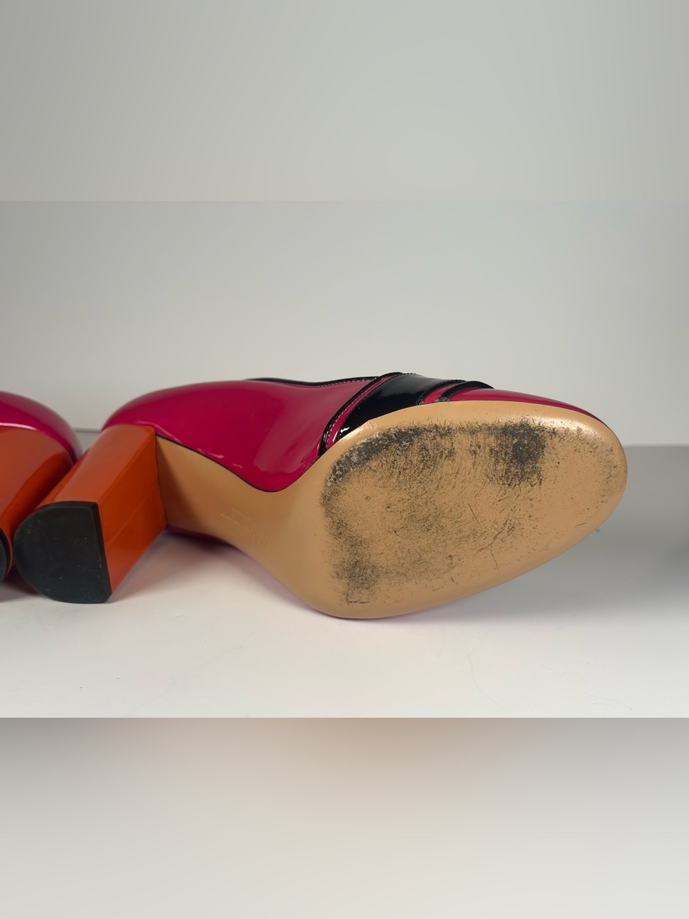 Salvatore Ferragamo Pink and Orange Patent Leather Block Heel Pumps - Picture 8 of 9